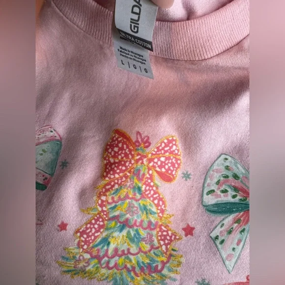 Gildan Pink Long Sleeve Tee with Festive Print - Picture 3 of 3